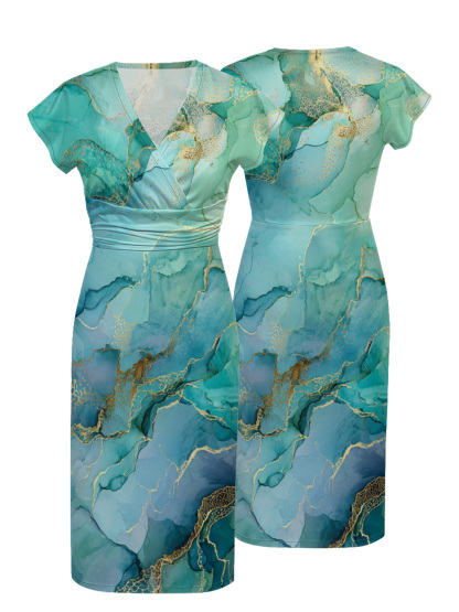 Teal & Gold Marble Cap Sleeve V-Neck Midi Dress OIJUY8624