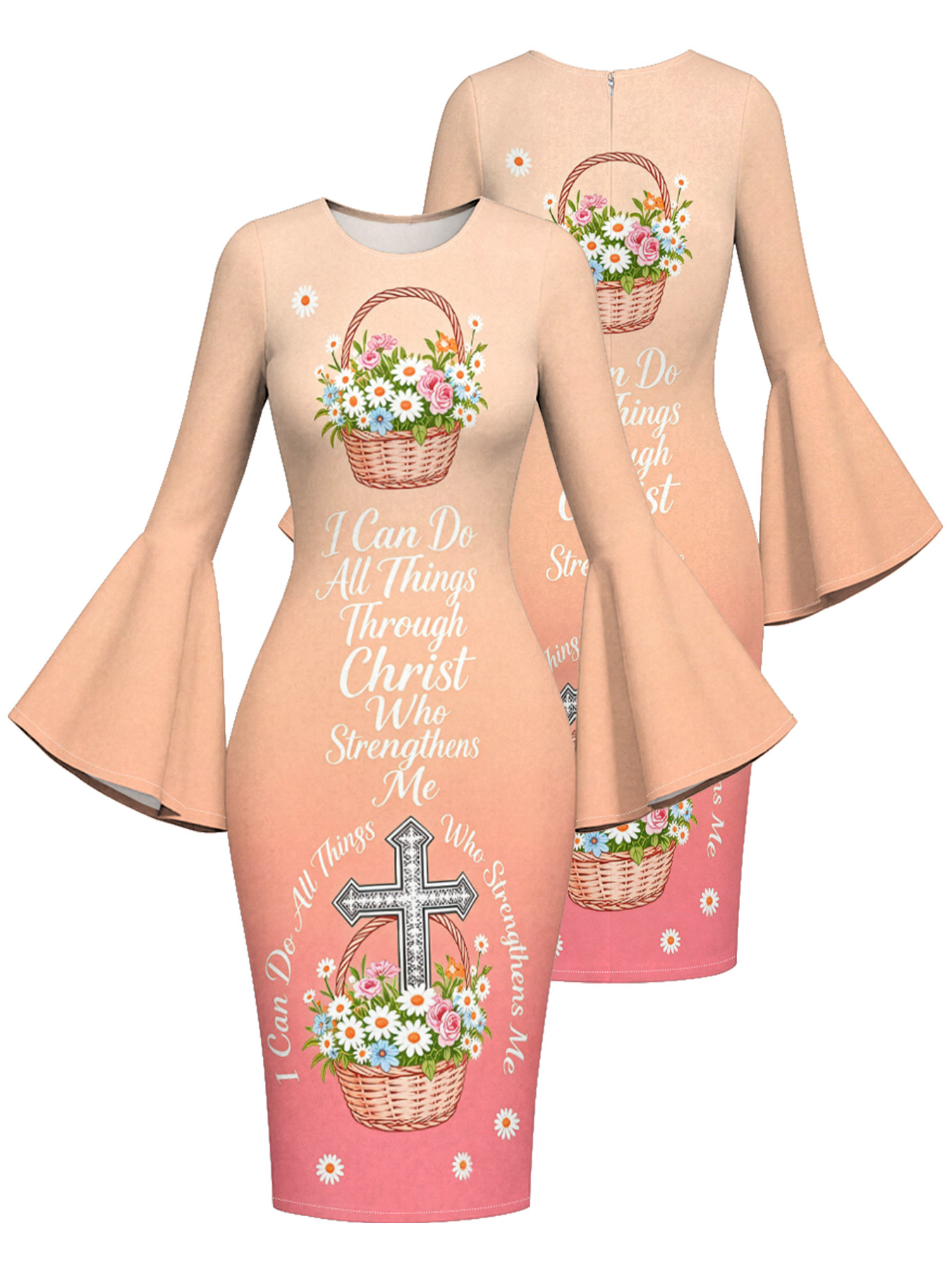 Peach-Pink Floral Basket Cross Easter Flare Sleeve Bodycon Midi Dress