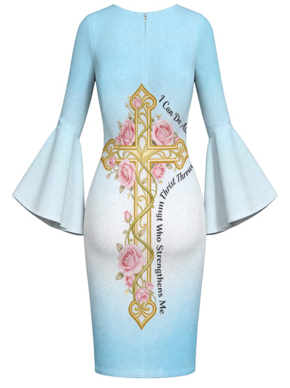Ombre Blue-White Gold Cross Easter Flare Sleeve Bodycon Midi Dress