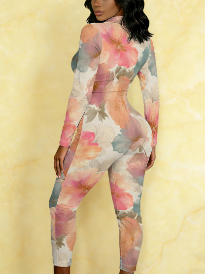 Watercolor Floral Long Sleeve Zip-Up Jumpsuit