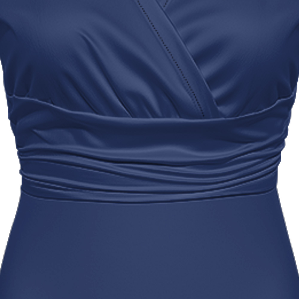 Navy White Brushstroke Cap Sleeve V-Neck Midi Dress CDE951