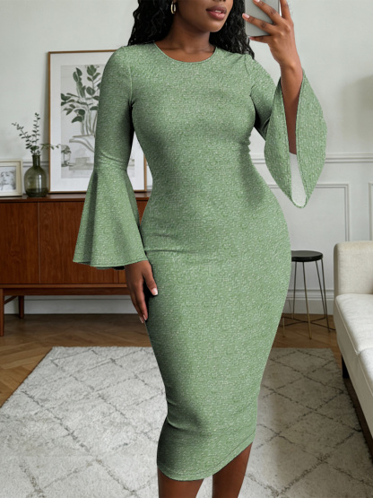 Sage Green Textured Flare Sleeve Bodycon Midi Dress