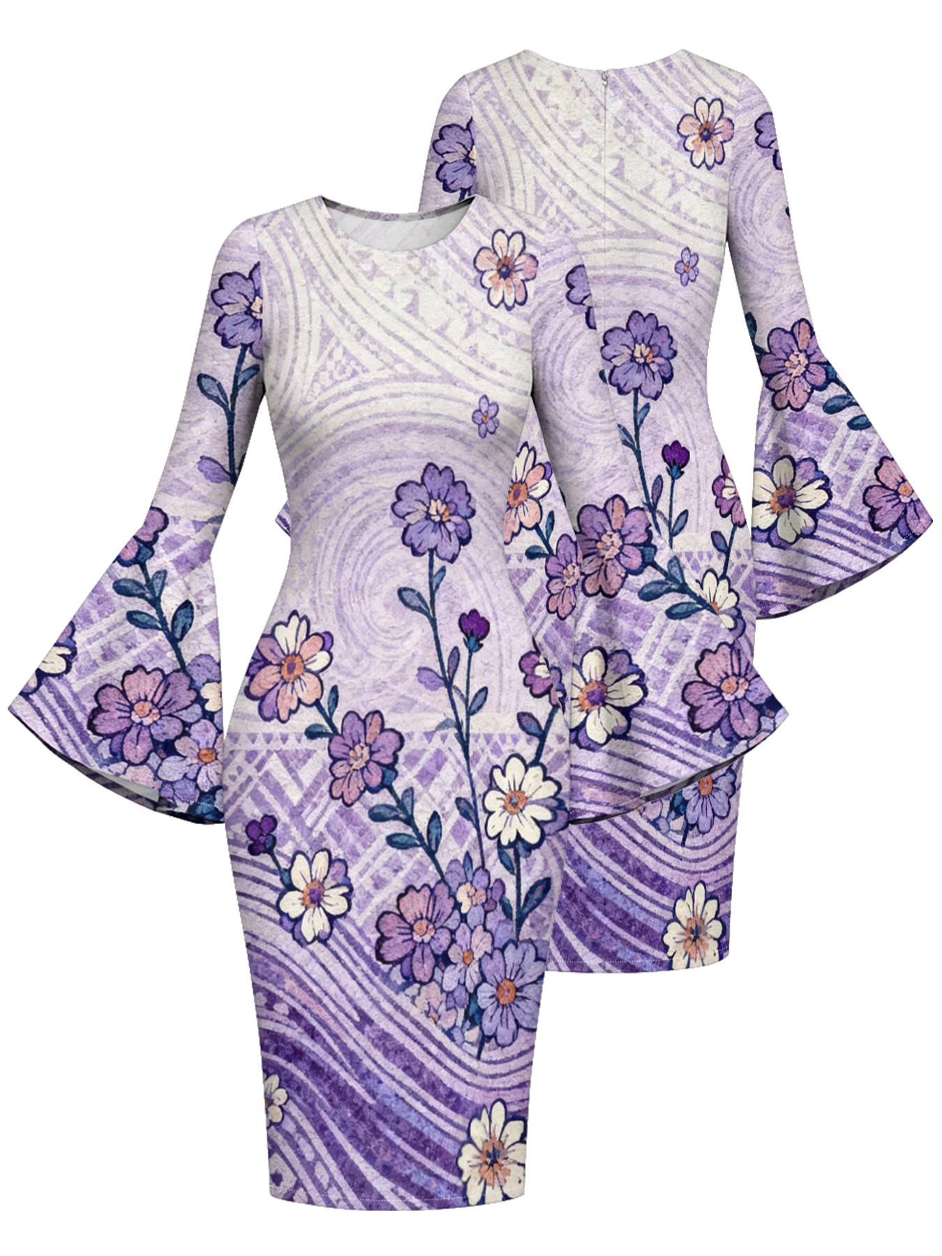 Lavender Swirl Floral Flare Sleeve Bodycon Midi Dress XWU620