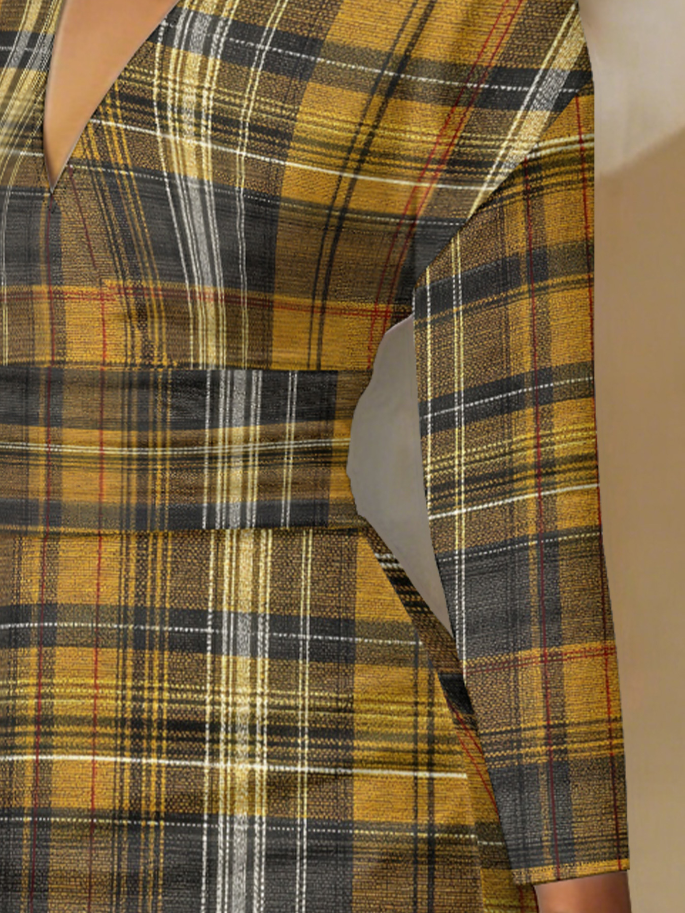 Mustard Plaid V-Neck Bodycon Midi Dress