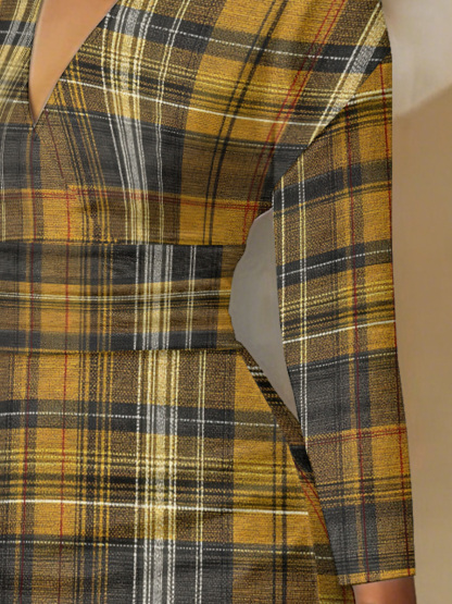 Mustard Plaid V-Neck Bodycon Midi Dress