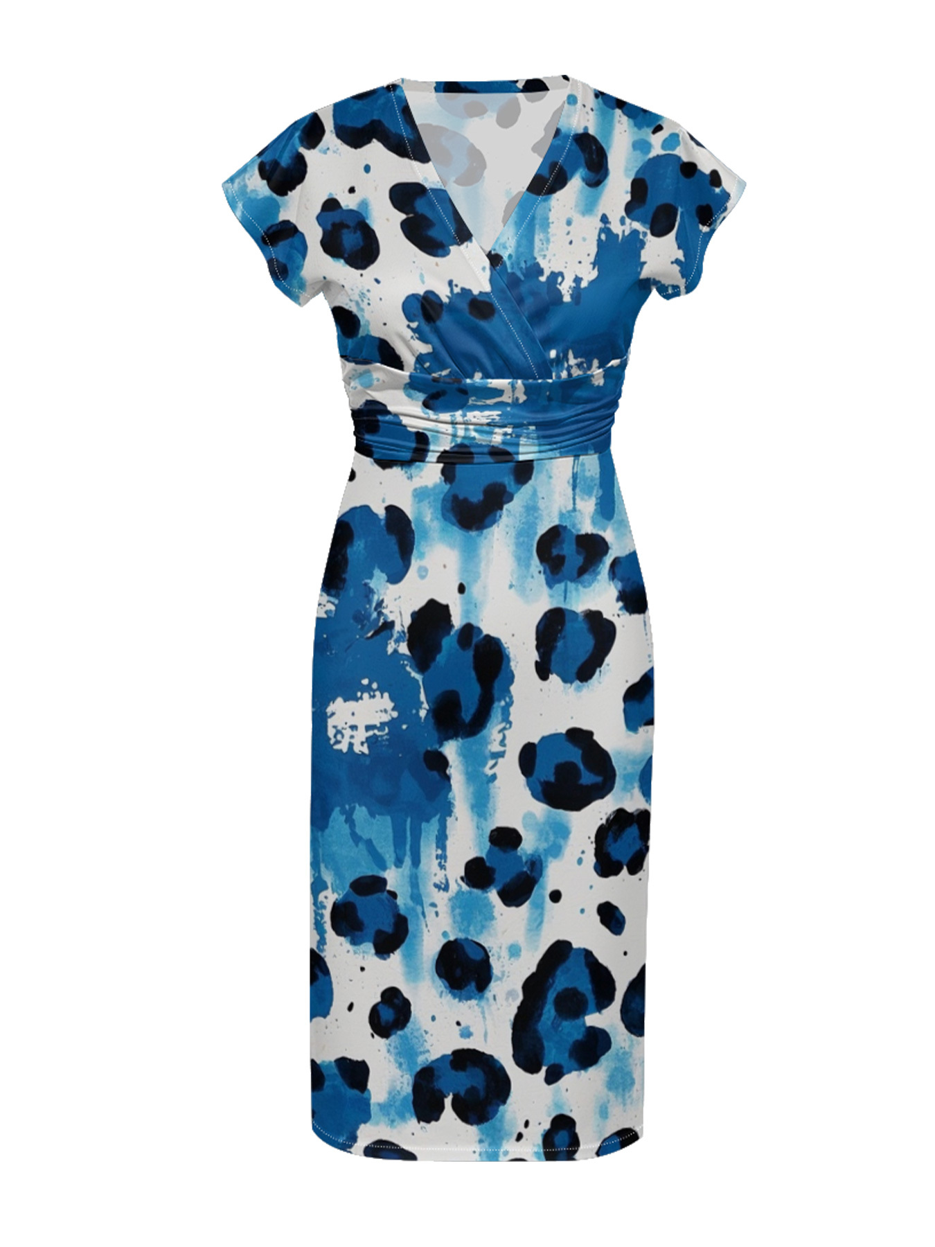 Blue & White Watercolor Cap Sleeve V-Neck Midi Dress MPH879