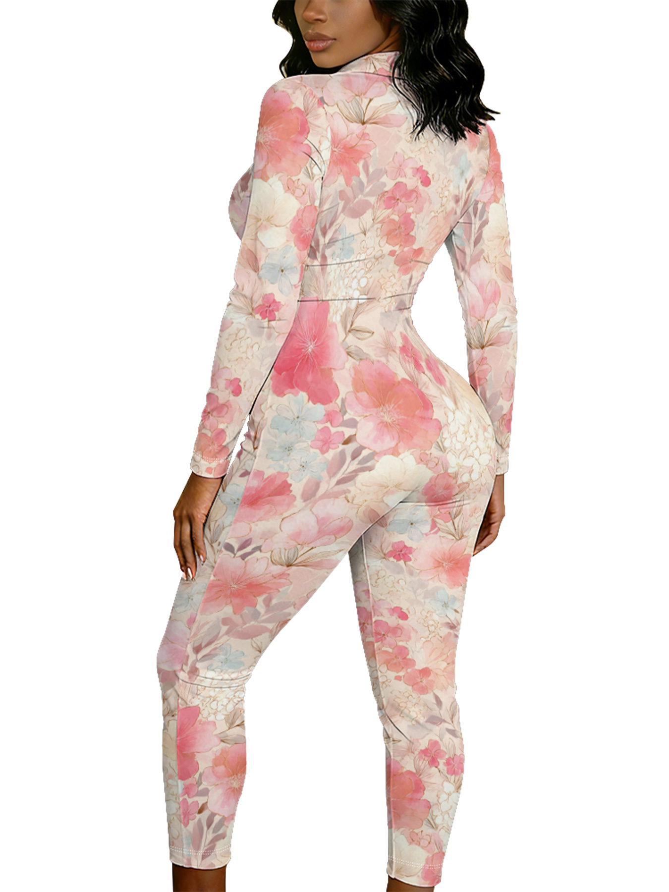 Blush Pink Floral Watercolor Long Sleeve Zip-Up Jumpsuit 