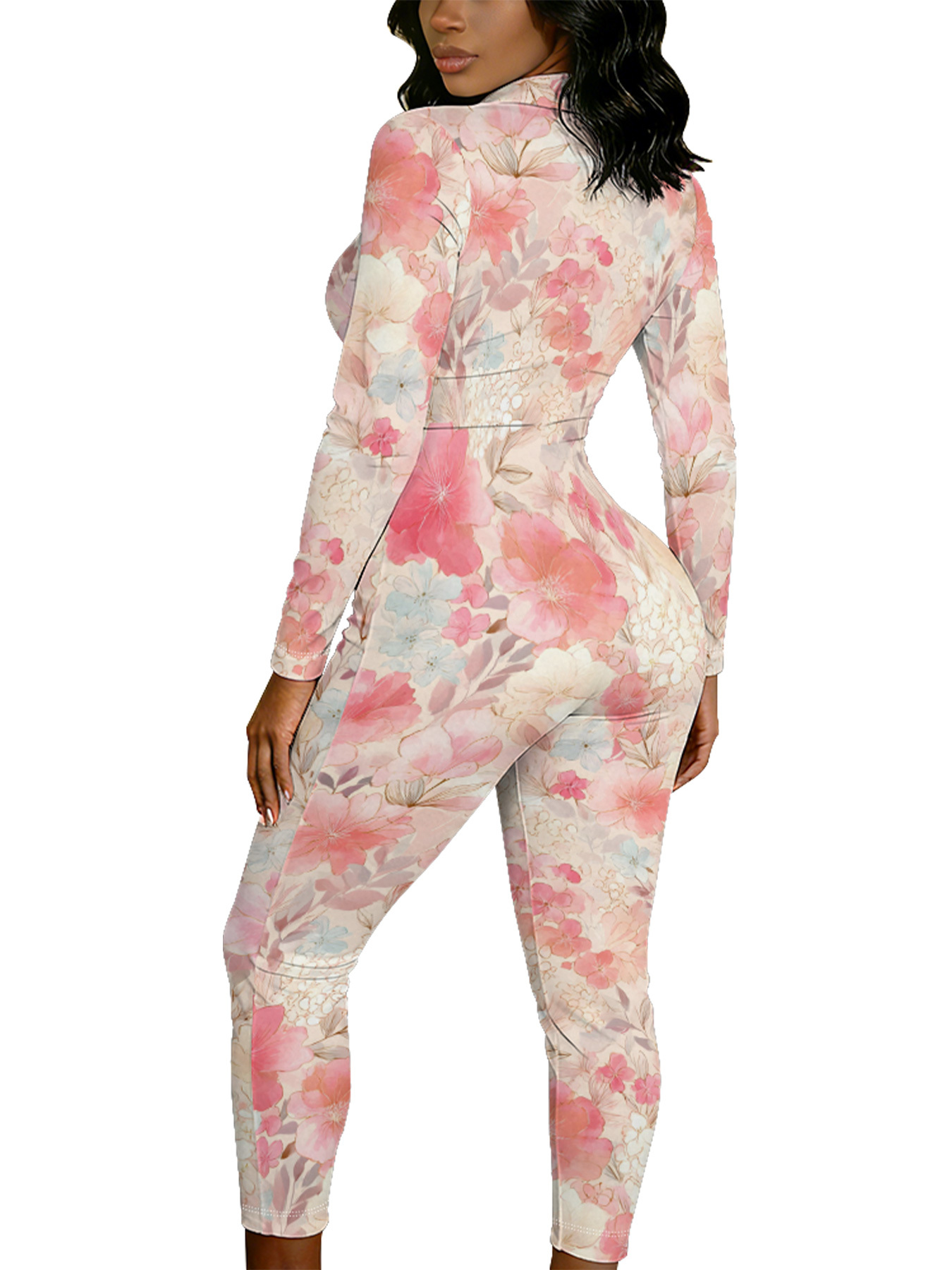 Blush Pink Floral Watercolor Long Sleeve Zip-Up Jumpsuit 