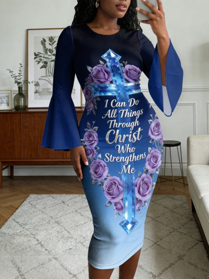 Gradient Blue Crystal Cross Easter Flare Sleeve Bodycon Midi Dress