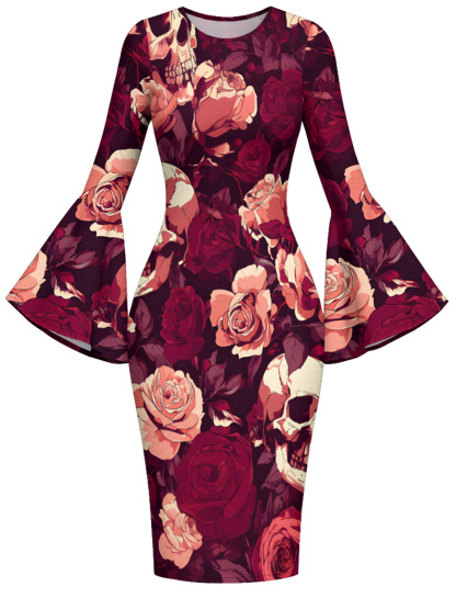 Burgundy Skull & Rose Flare Sleeve Bodycon Midi Dress