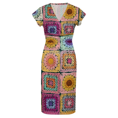 Crochet Granny Square Stripe Striped Cap Sleeve V-Neck Midi Dress ADE146
