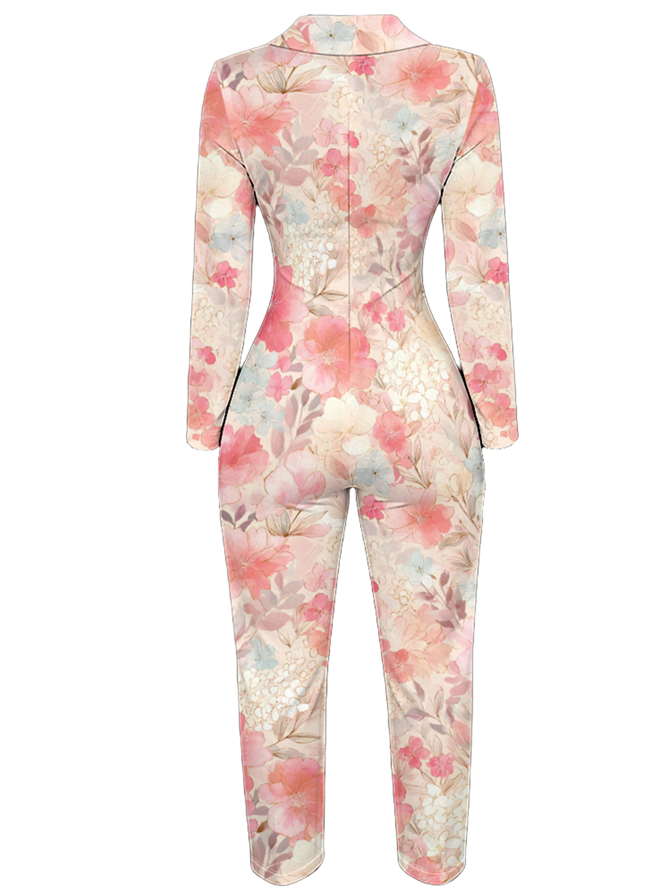 Blush Pink Floral Watercolor Long Sleeve Zip-Up Jumpsuit 