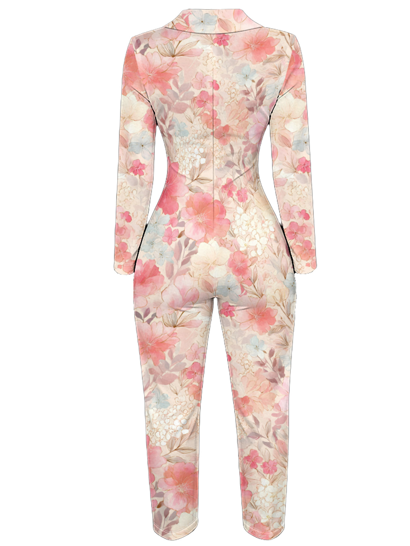 Blush Pink Floral Watercolor Long Sleeve Zip-Up Jumpsuit 