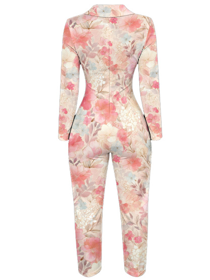 Blush Pink Floral Watercolor Long Sleeve Zip-Up Jumpsuit 