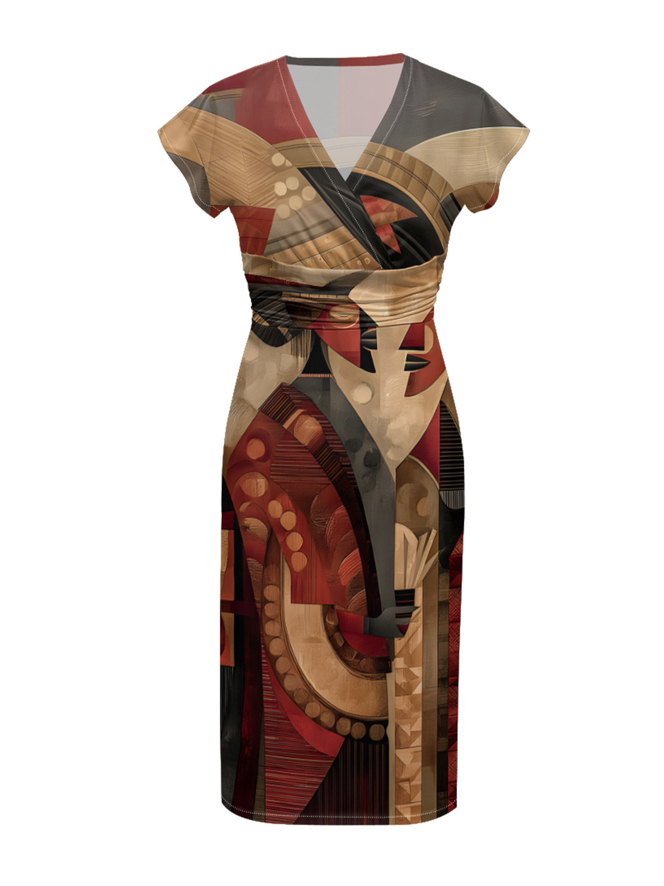 Vintage Abstract Cap Sleeve V-Neck Midi Dress