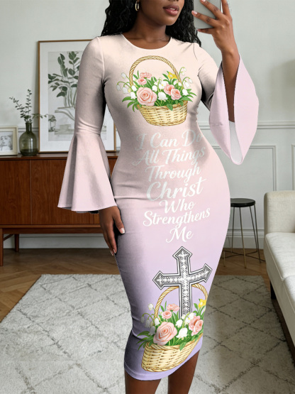 Lavender Ombre Rose Cross Easter Flare Sleeve Bodycon Midi Dress