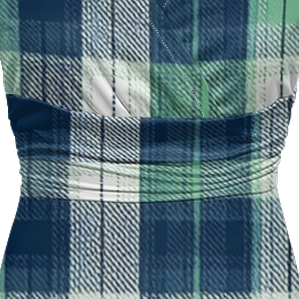 Blue & Green Plaid Cap Sleeve V-Neck Midi Dress BCF167