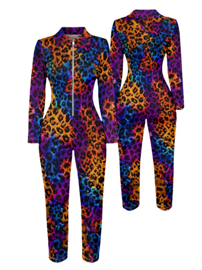 Rainbow Leopard Long Sleeve Zip-Up Jumpsuit 
