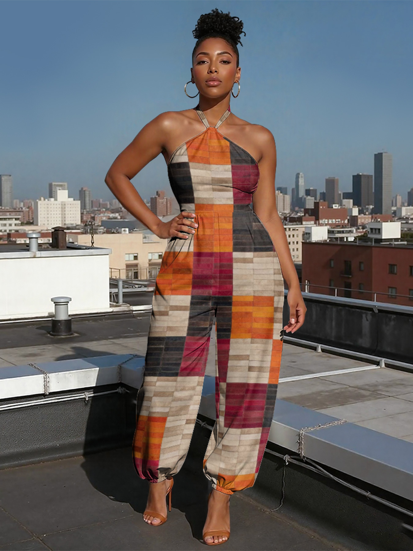 Color Block Block Sleeveless Halter Jumpsuit