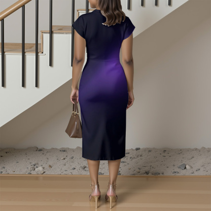 Navy to Purple Ombre Cap Sleeve V-Neck Midi Dress CDF840