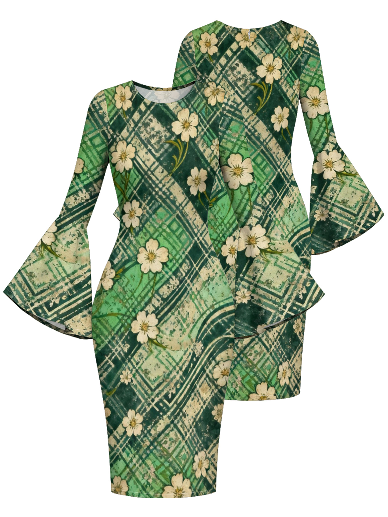 Green Plaid Floral Flare Sleeve Bodycon Midi Dress DCB840