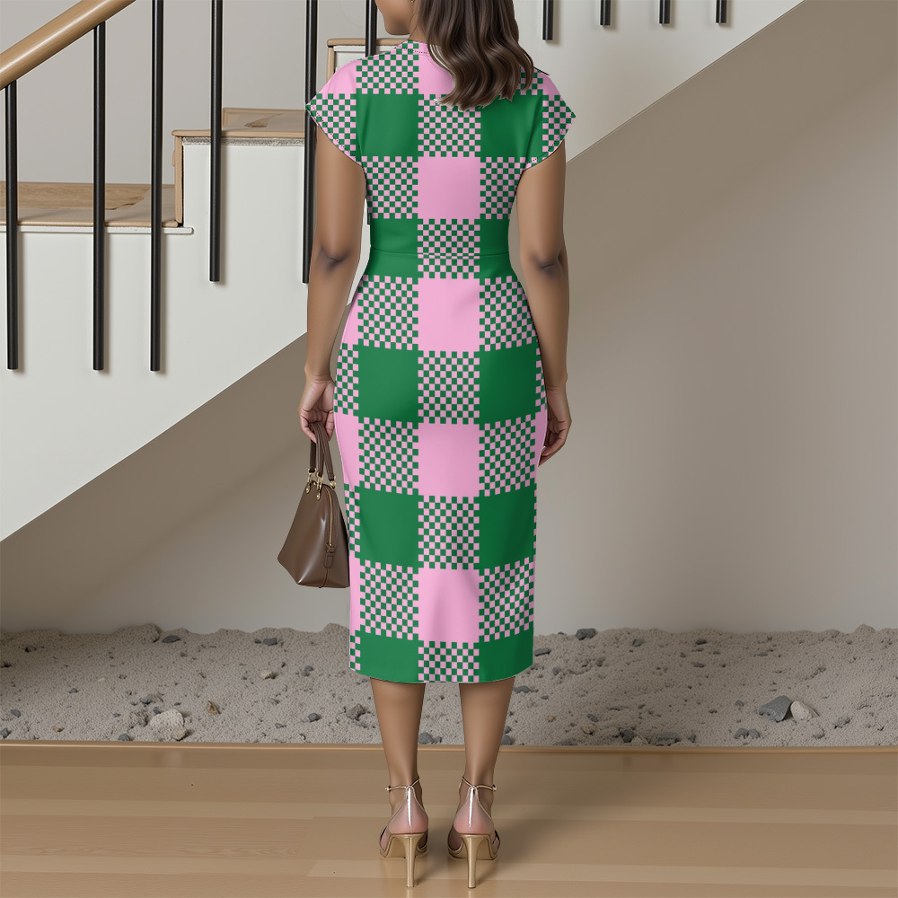 Pink Green Checkerboard Cap Sleeve V-Neck Midi Dress BCF963