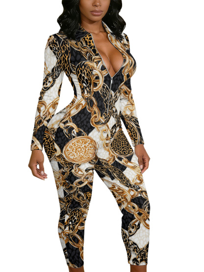 Leopard & Baroque Chain Long Sleeve Zip-Up Jumpsuit NML134