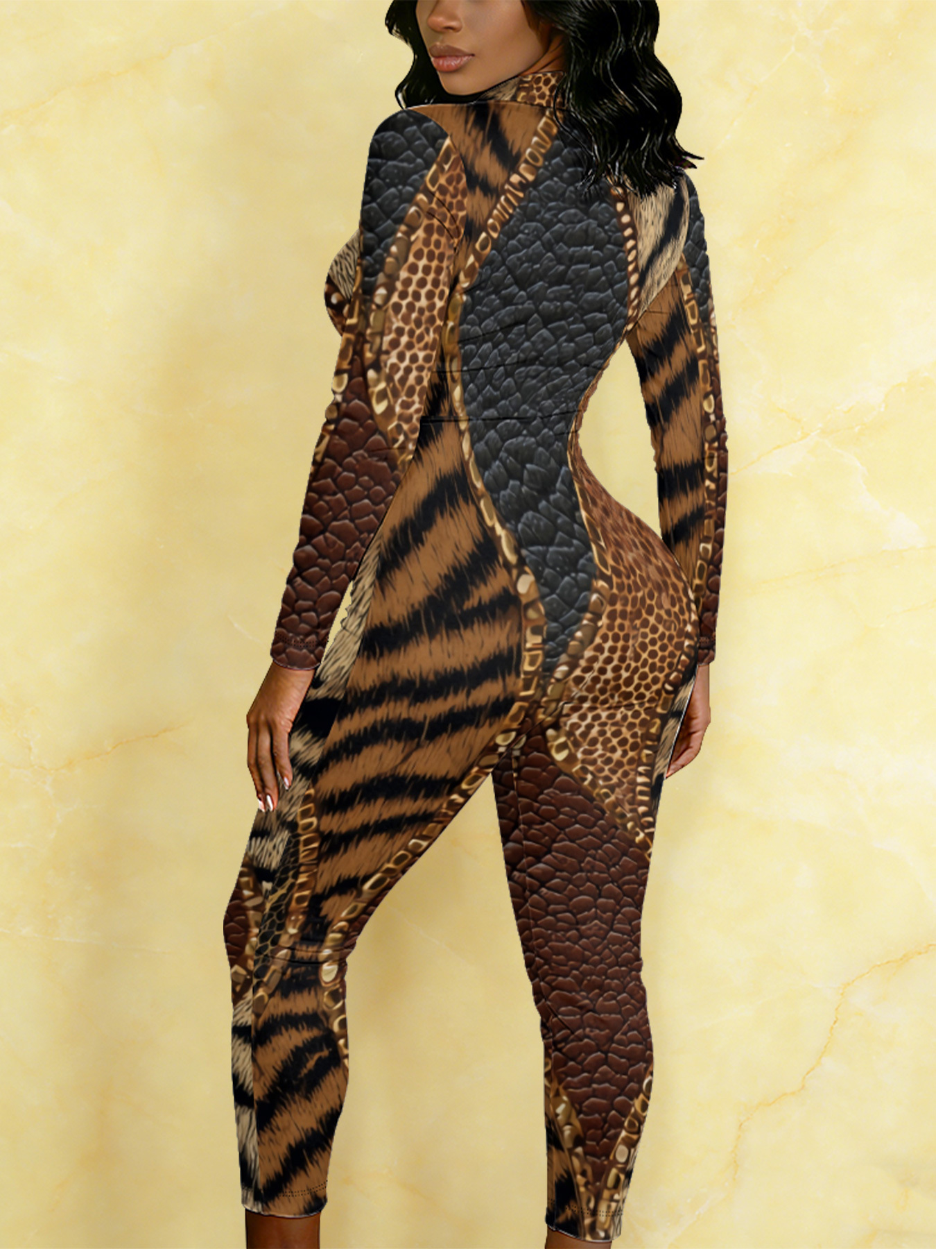 Mixed Safari Print Long Sleeve Zip-Up Jumpsuit