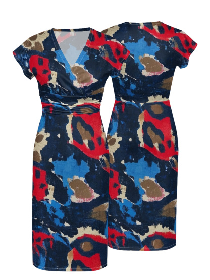 Multicolor Abstract Cap Sleeve V-Neck Midi Dress IUJH3893