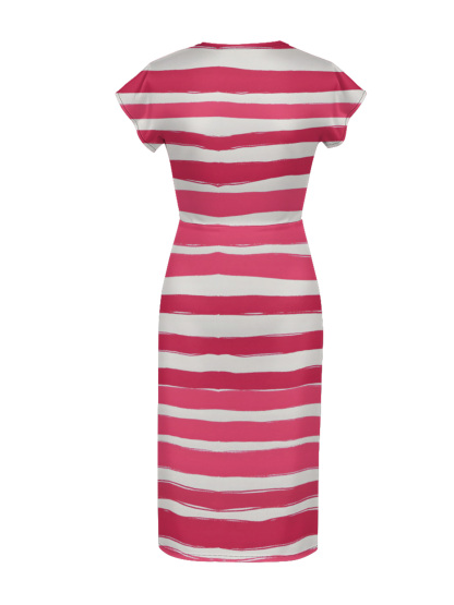 Pink & White Brushstroke Stripe Cap Sleeve V-Neck Midi Dress