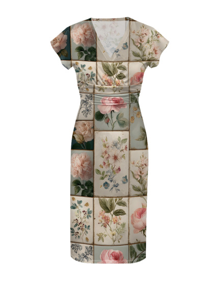 Vintage Botanical Tile Rose Cap Sleeve V-Neck Midi Dress IUO6823