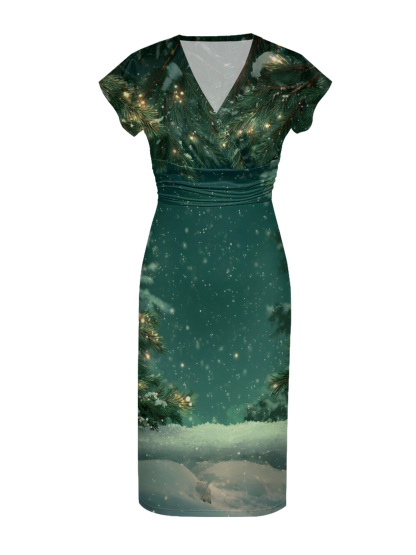Winter Pine & Snow Cap Sleeve V-Neck Midi Dress