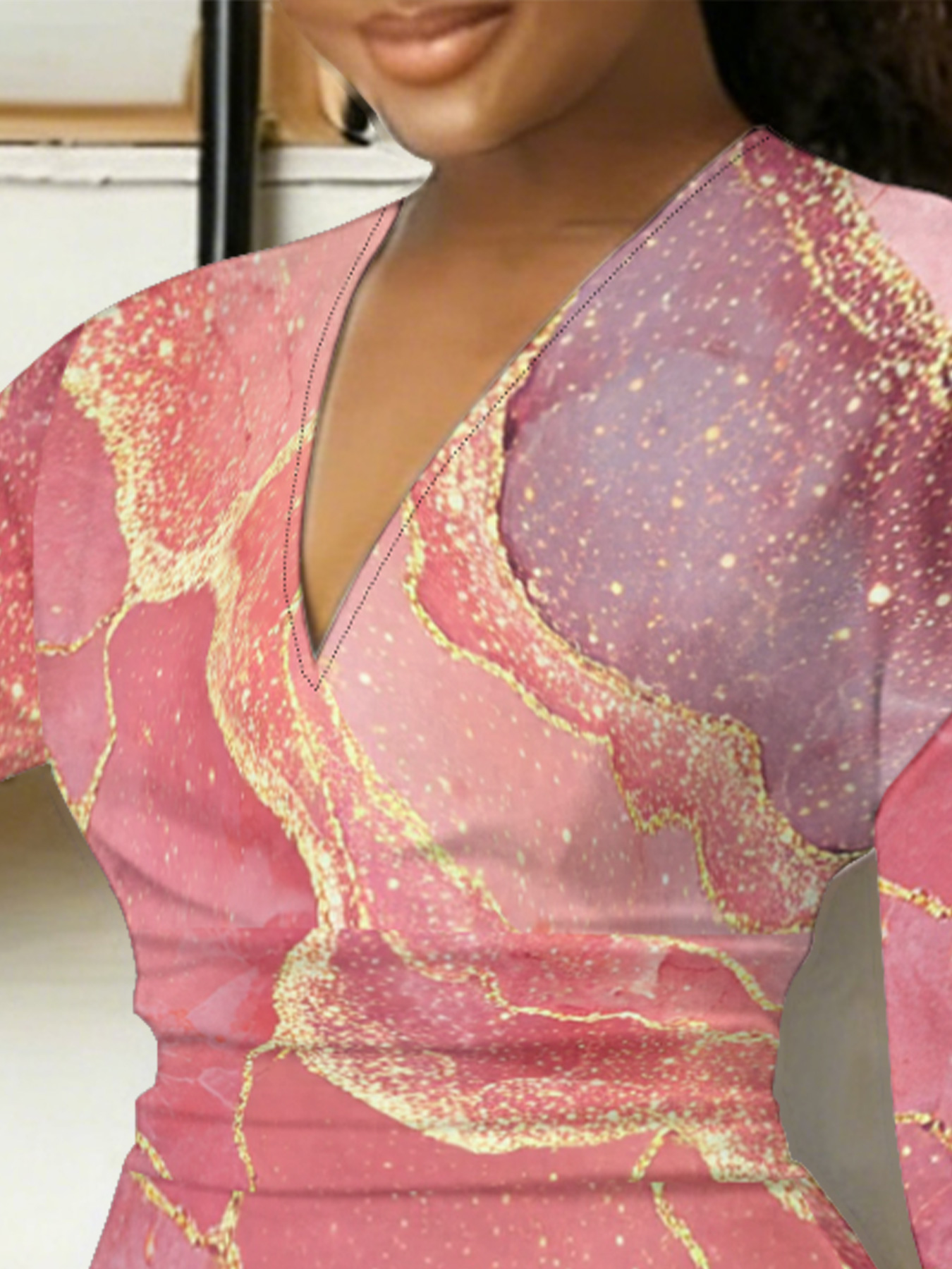 Pink & Gold Glitter Marble V-Neck Bodycon Midi Dress