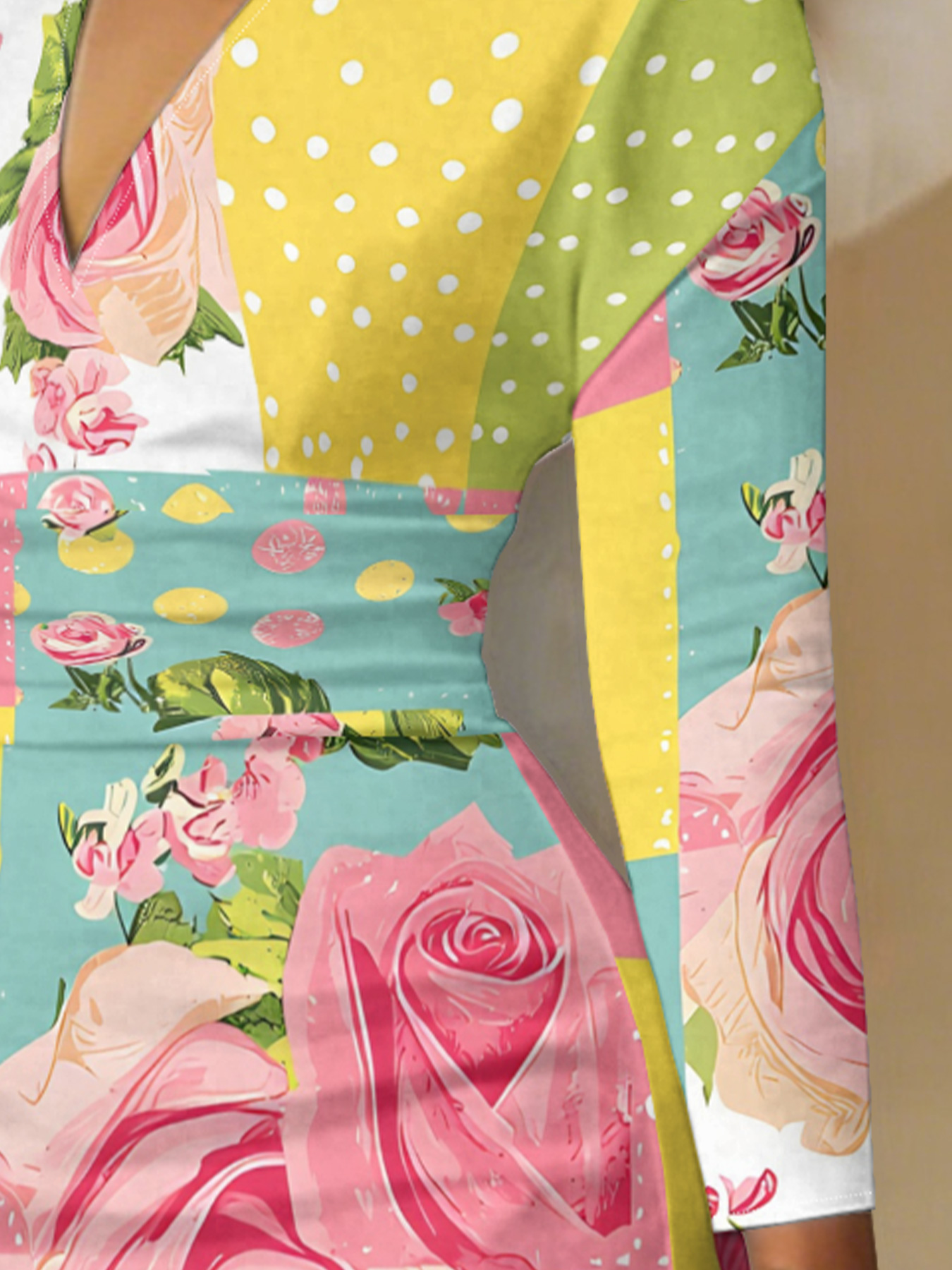 Pastel Patchwork Rose V-Neck Bodycon Midi Dress