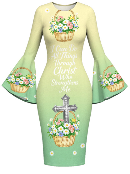 Christian Floral Basket Cross Flare Sleeve Bodycon Midi Dress