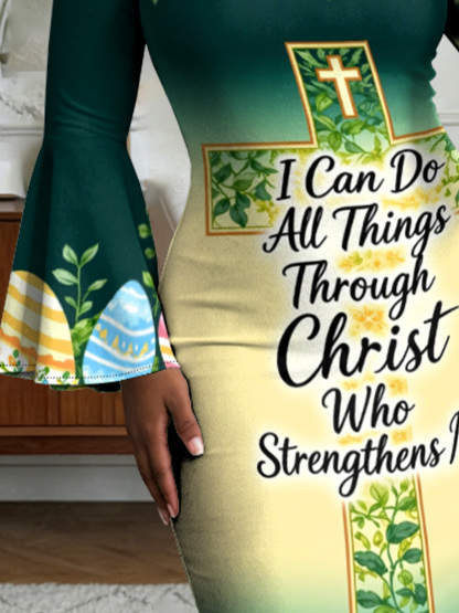 Easter Christian Cross Flare Sleeve Bodycon Midi Dress