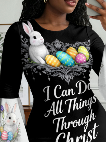 Easter Bunny Christian Cross Flare Sleeve Bodycon Midi Dress