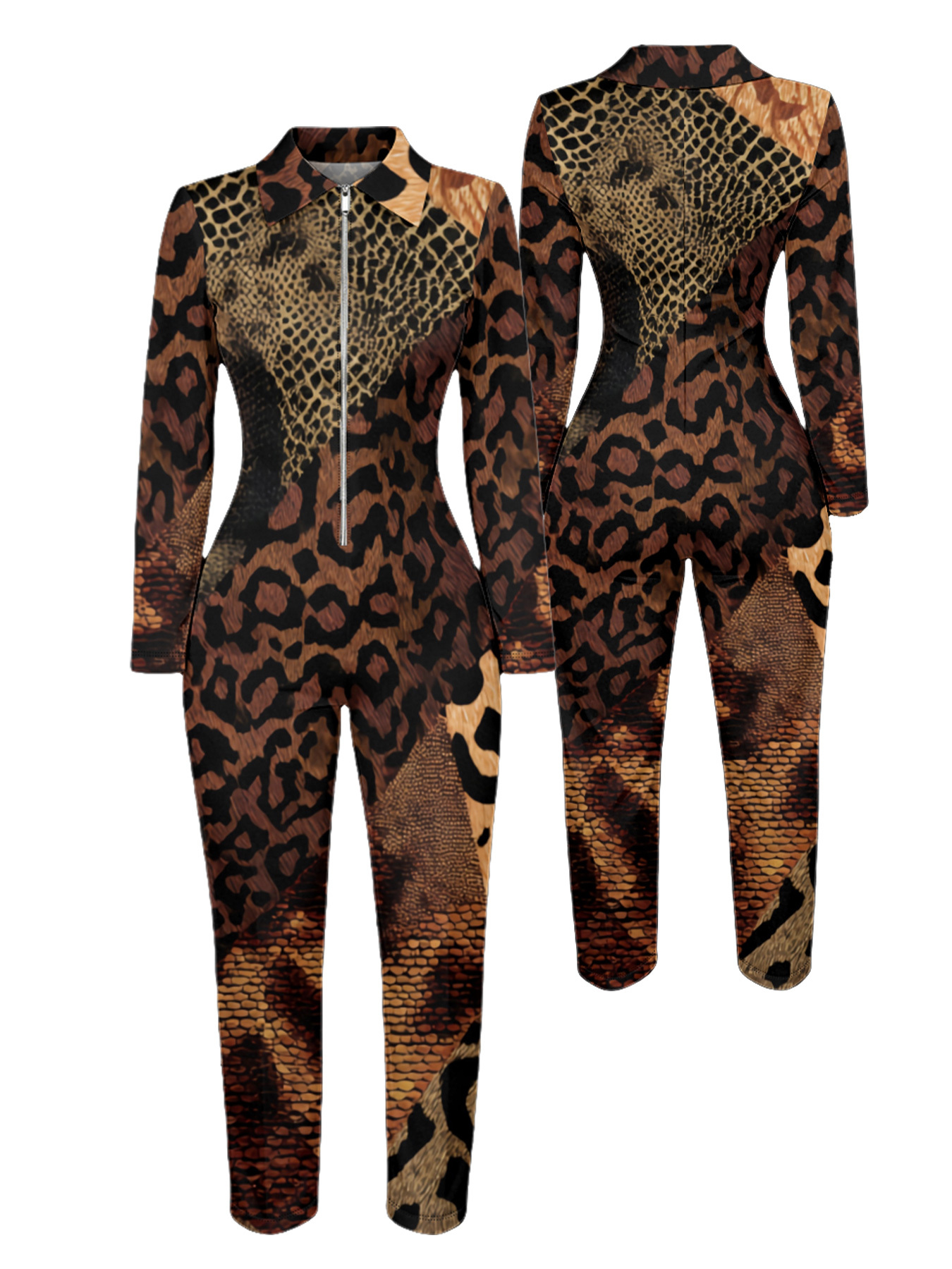 Leopard Snake Print Long Sleeve Zip-Up Jumpsuit