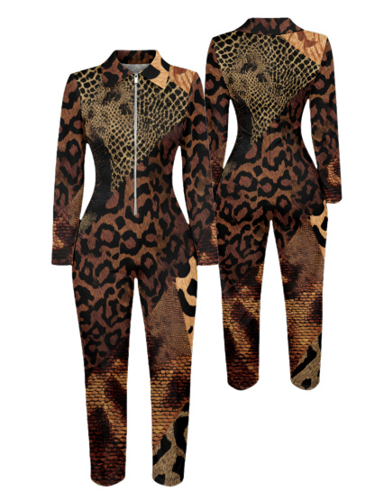 Leopard Snake Print Long Sleeve Zip-Up Jumpsuit
