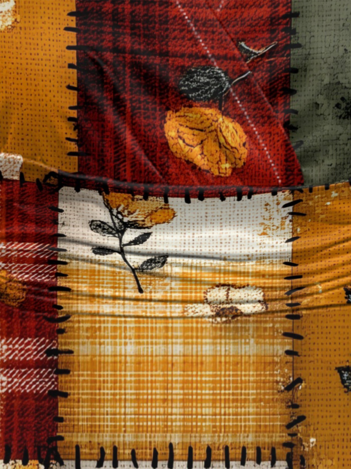 Autumn Floral Patchwork Cap Sleeve V-Neck Midi Dress IUOP080