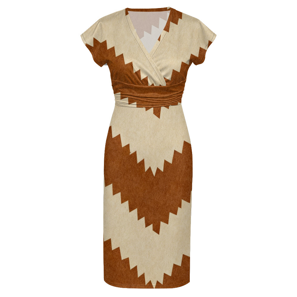 Tan & Brown Zigzag Cap Sleeve V-Neck Midi Dress VTS673