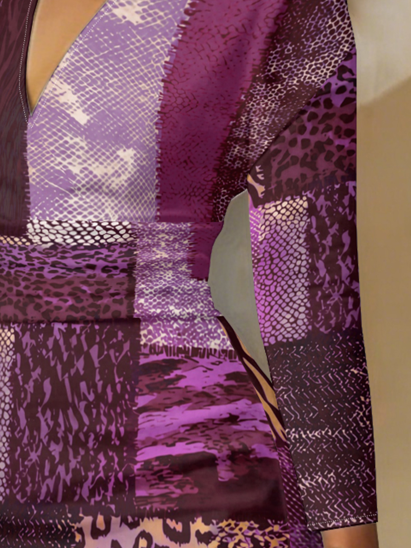 Purple Patchwork Animal V-Neck Bodycon Midi Dress CLX7394
