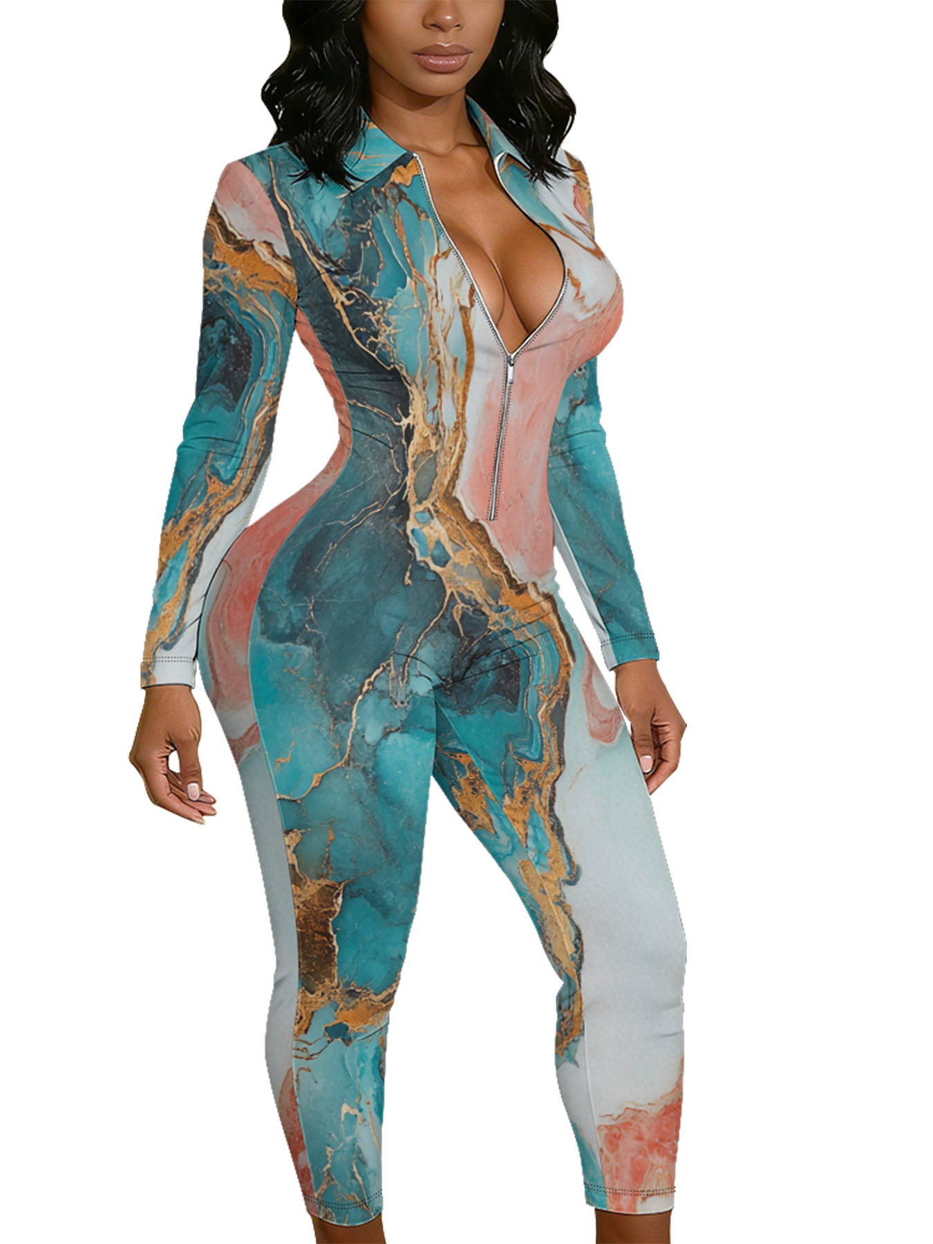 Teal & Gold Marble Long Sleeve Zip-Up Jumpsuit 