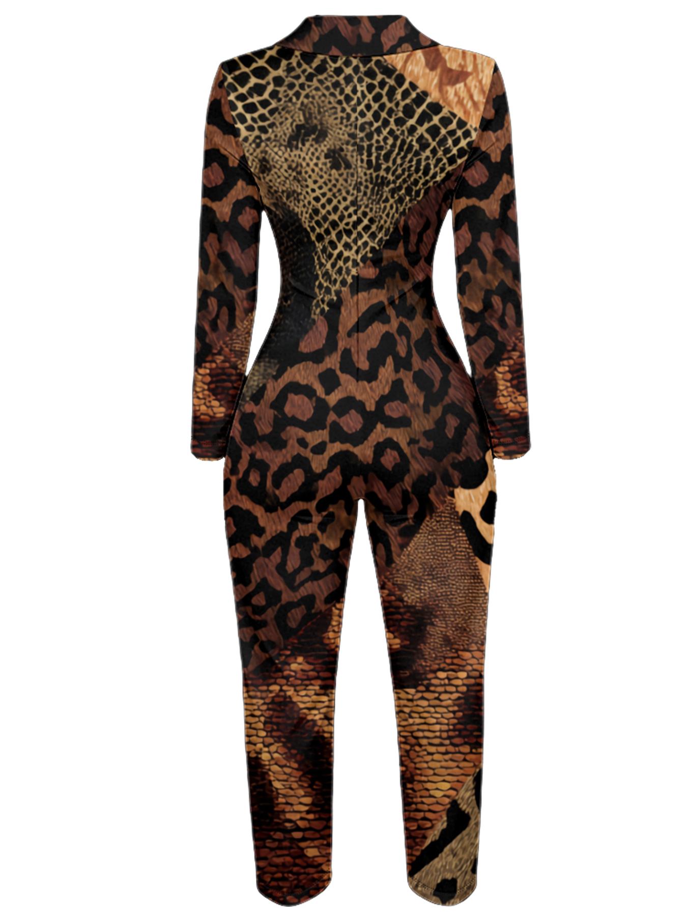Leopard Snake Print Long Sleeve Zip-Up Jumpsuit