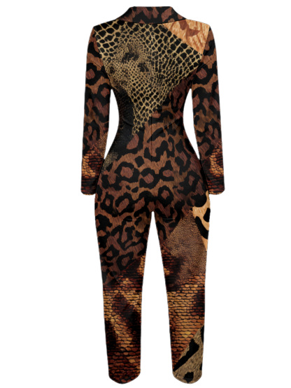 Leopard Snake Print Long Sleeve Zip-Up Jumpsuit