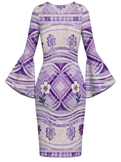 Purple Geometric Floral Flare Sleeve Bodycon Midi Dress DCB840