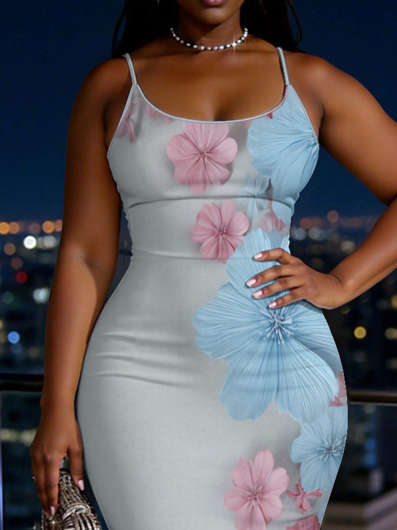 Pastel Pink & Blue Floral Spaghetti Strap Mermaid Dress NRWX48257