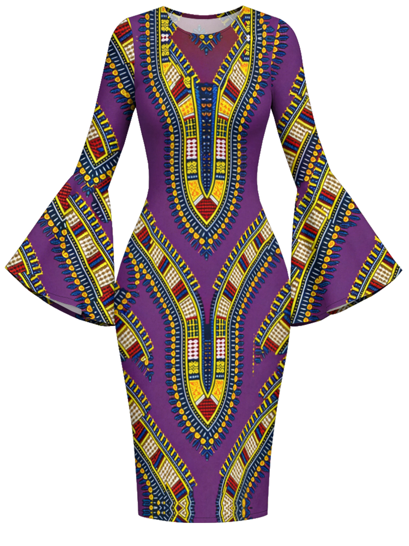Purple Dashiki Print Bell Flare Sleeve Bodycon Midi Dress