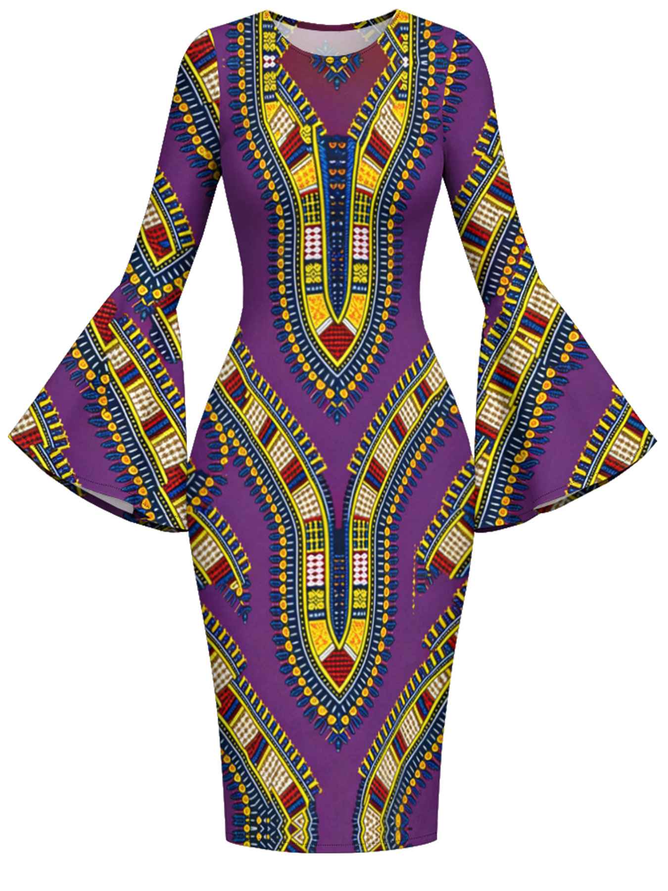 Purple Dashiki Print Bell Flare Sleeve Bodycon Midi Dress