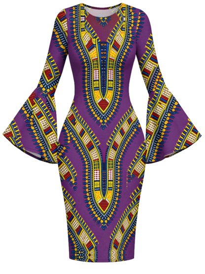 Purple Dashiki Print Bell Flare Sleeve Bodycon Midi Dress